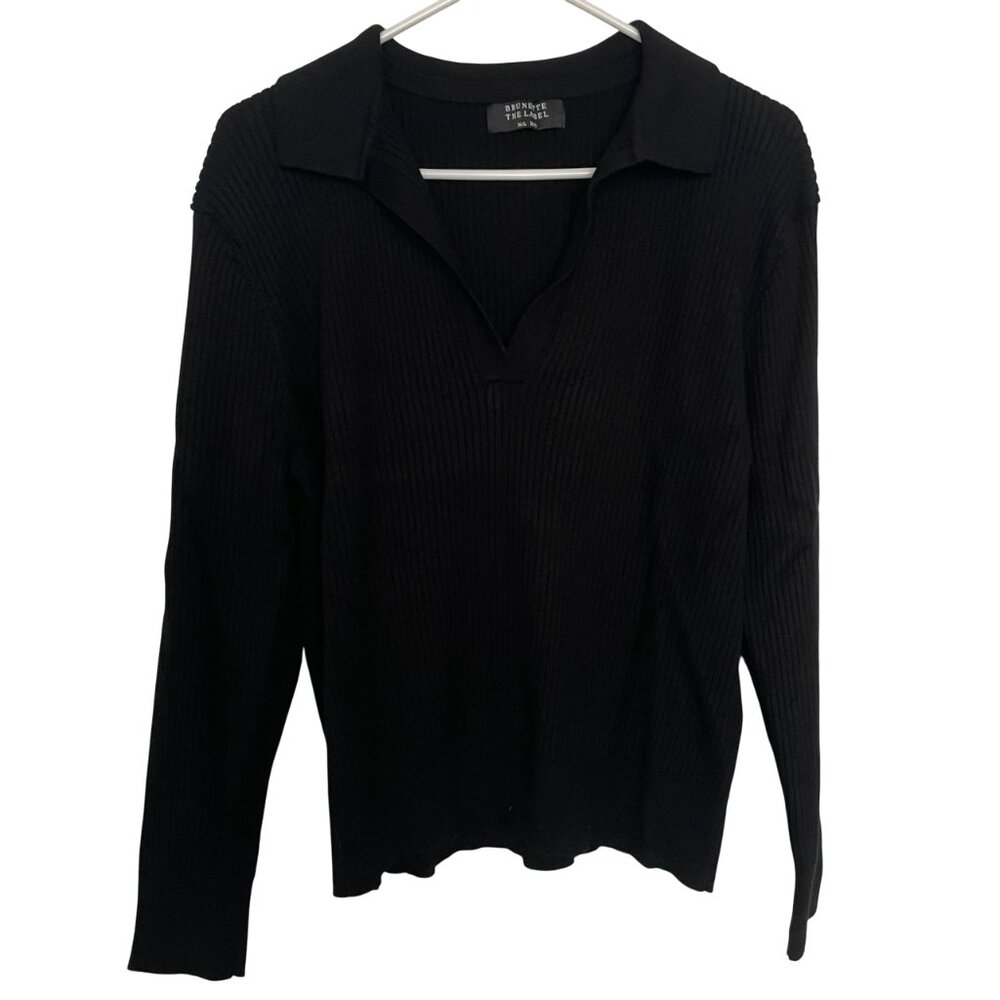 Brunette The Label Black V-Neck Ribbed Knit Black Sweater with Collar